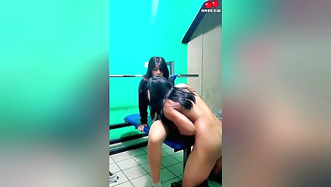 Brunette chick sucks a cock in swimsuit for the camera