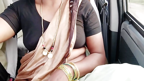 Hairy indian girl playing with her pussy in the car