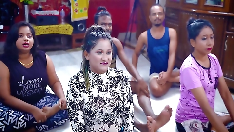 Hot brunette yoga instructor fucks students in a threesome