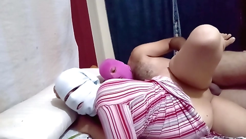 Busty chick riding her big cock on her belly in cam