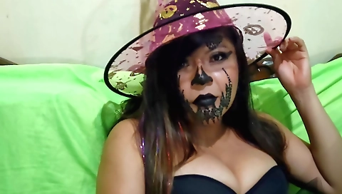 Girl in the party with a man in the costume seduced