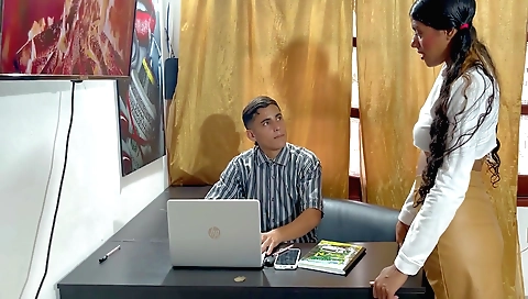 My lovely brunette slut seduces me into her office