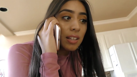 Busty brunette shows off her hairy pussy and huge tits