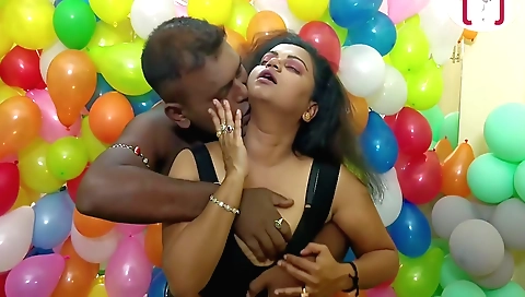 Chubby brunette and young man in sexy clothes having sex