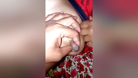 Big tits babe plays with her pussy while man fucks her