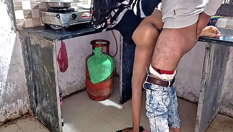 Indian teen 18+ brunette sucks and fucks in the kitchen