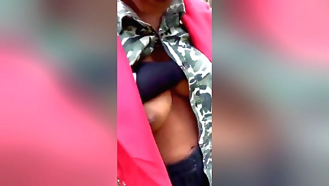 Hot brunette is with her boyfriend outdoors and fuck