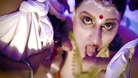 Rikki Lee has two big cocks in her mouth for two guys