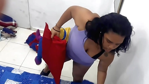 Sexy chubby in sexy outfit makes a solo dance video